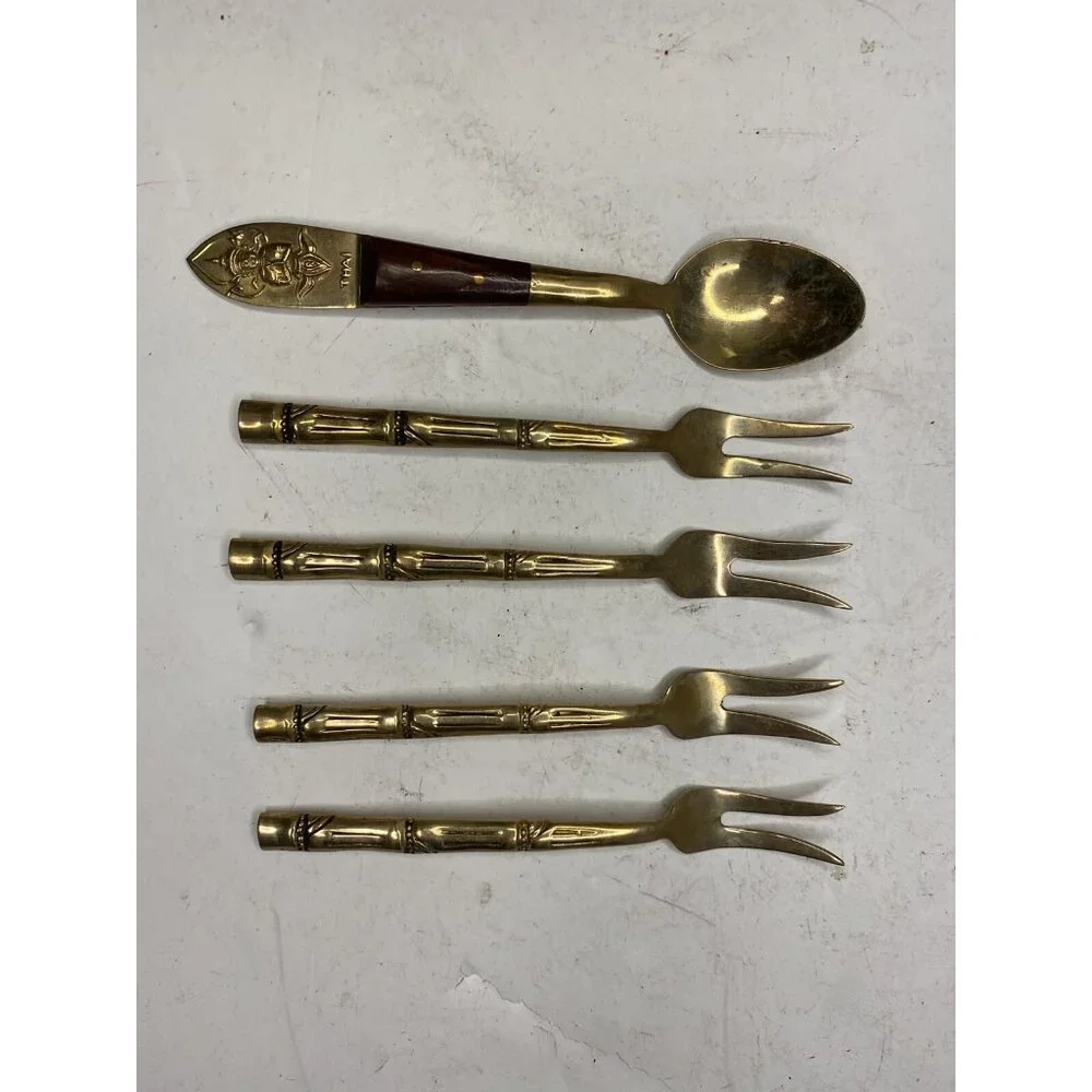 Bamboo Design Thailand Nickelbronze Appetizer Cocktail Forks & Spoon Set of 5